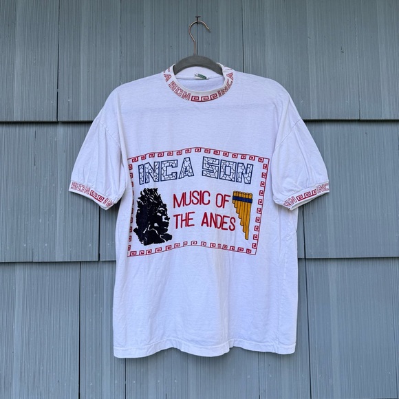 Vintage White Ringer Tee, Music of the Andes Shirt, Peru, M/L - Picture 8 of 9